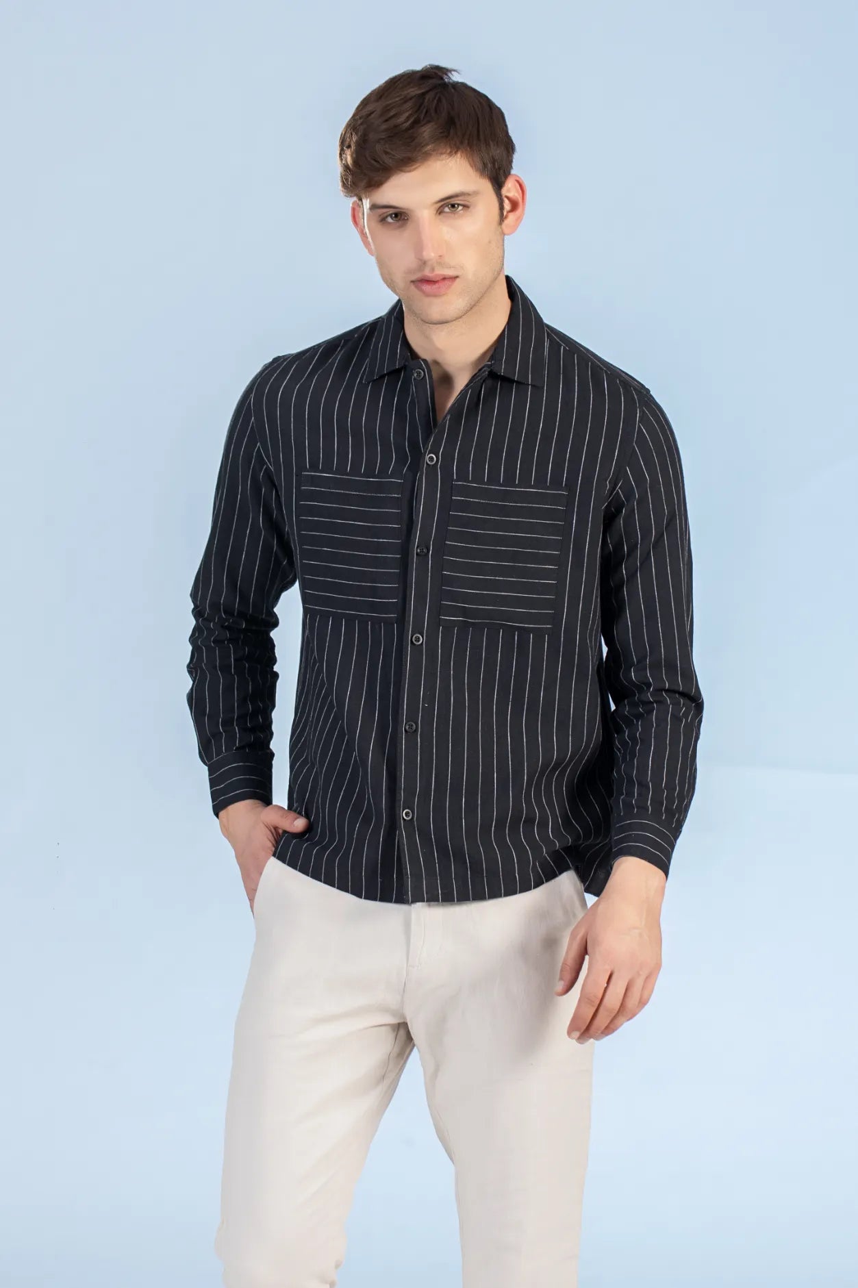 Buy Open Collar Double Pocket Stripped Shirt Online.