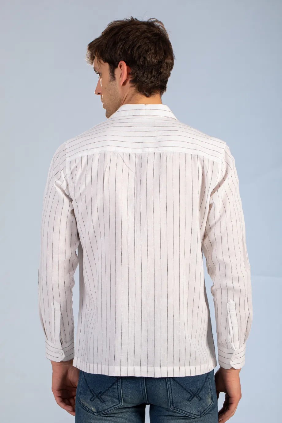 white double pocket open collar men's striped shirt