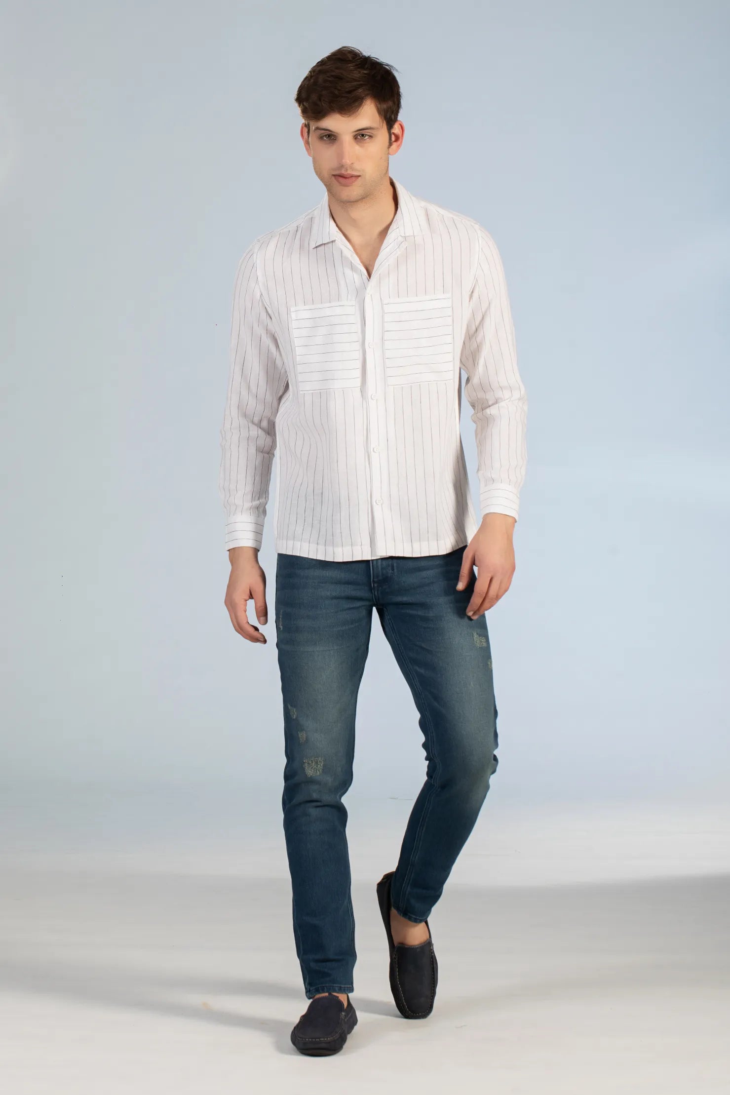 white double pocket open collar men's striped shirt