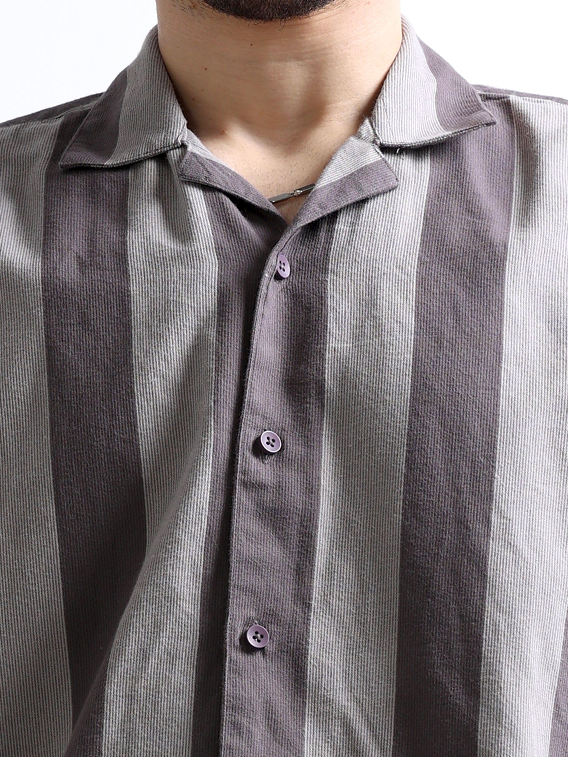  brown straight bottom open collar men's striped shirt