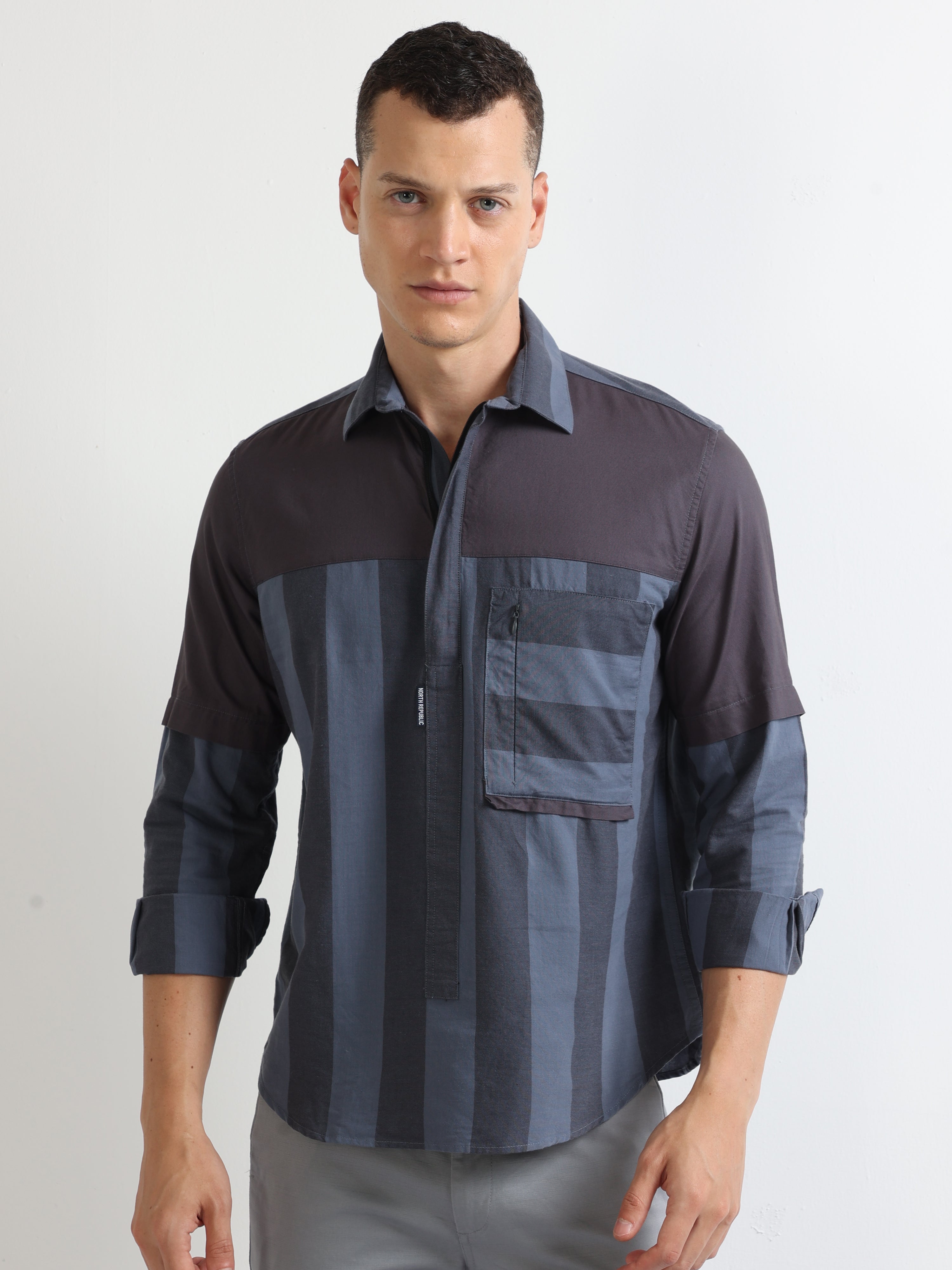 Buy blue oxford open collar panel men's striped shirt