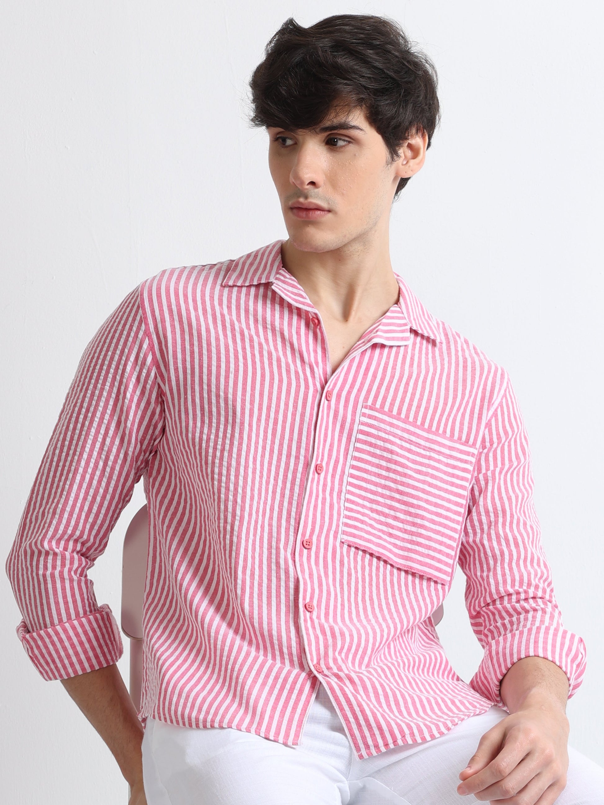 Buy Open Collar Stylish Pocket Stripe Shirt Online.
