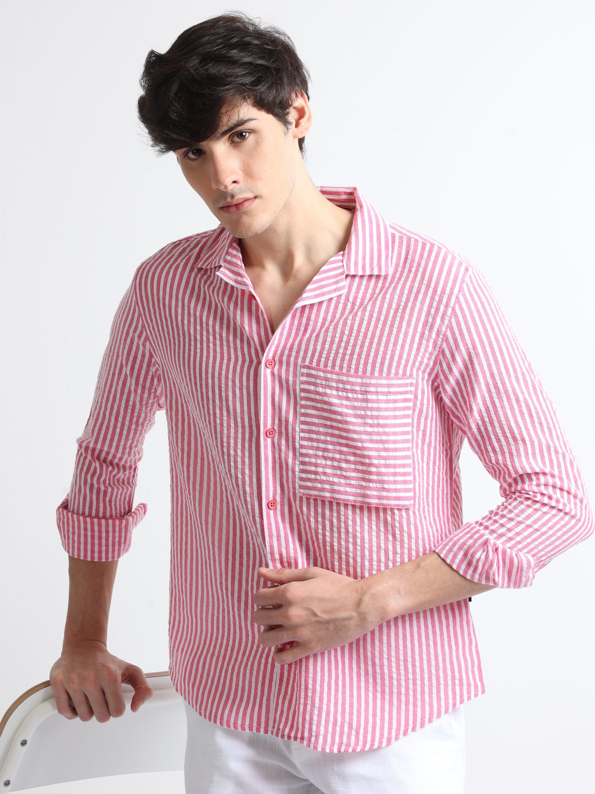  pink open collar cotton men's striped shirt