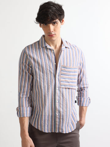 royal blue open collar single pocket striped shirt