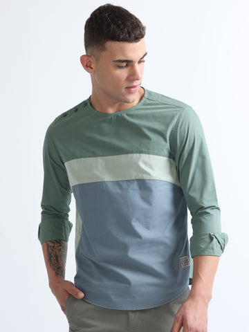 Green Men's Open Shoulder Crew Neck Stylish Plain Shirt