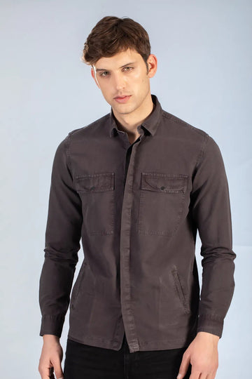 Grey Men's Dyed Double Pocket Plain Shirt