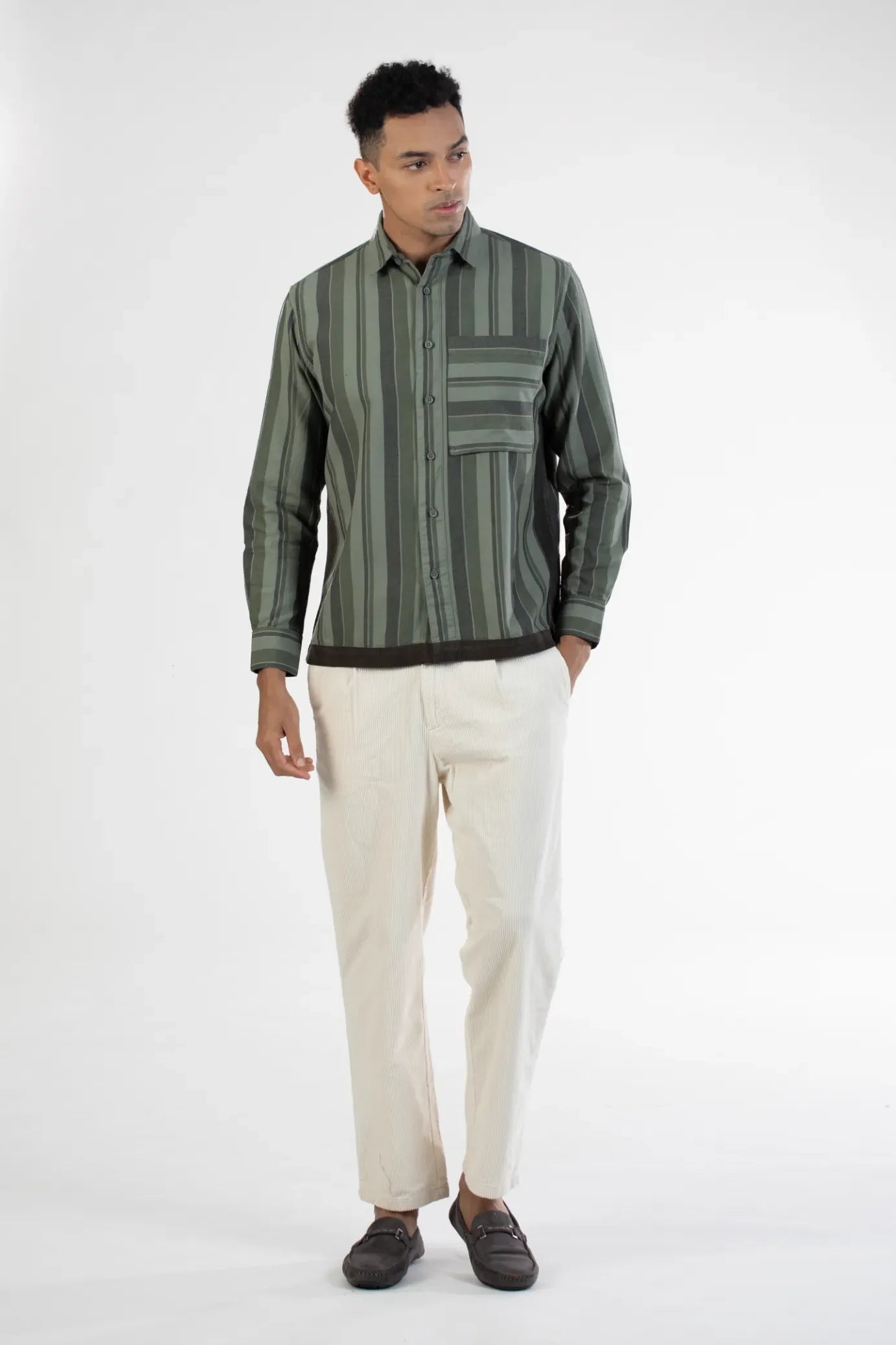 green oxford cargo pocket men's striped shirt
