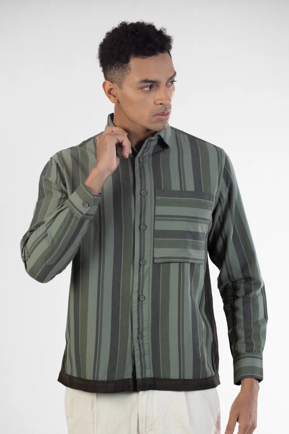 green oxford cargo pocket men's striped shirt