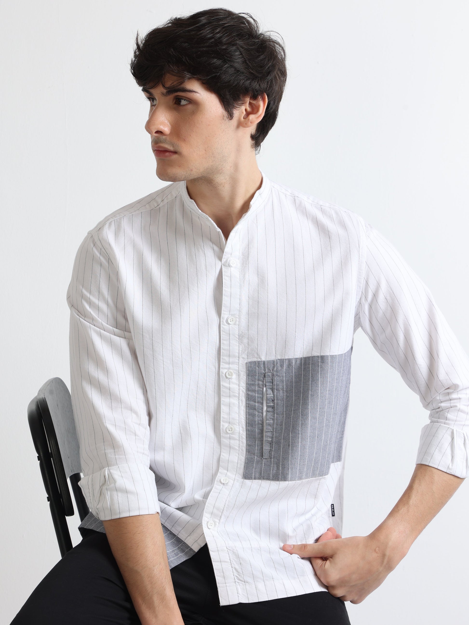 Buy Oxford Mixmatch Chinese Collar Stripe Shirt Online.