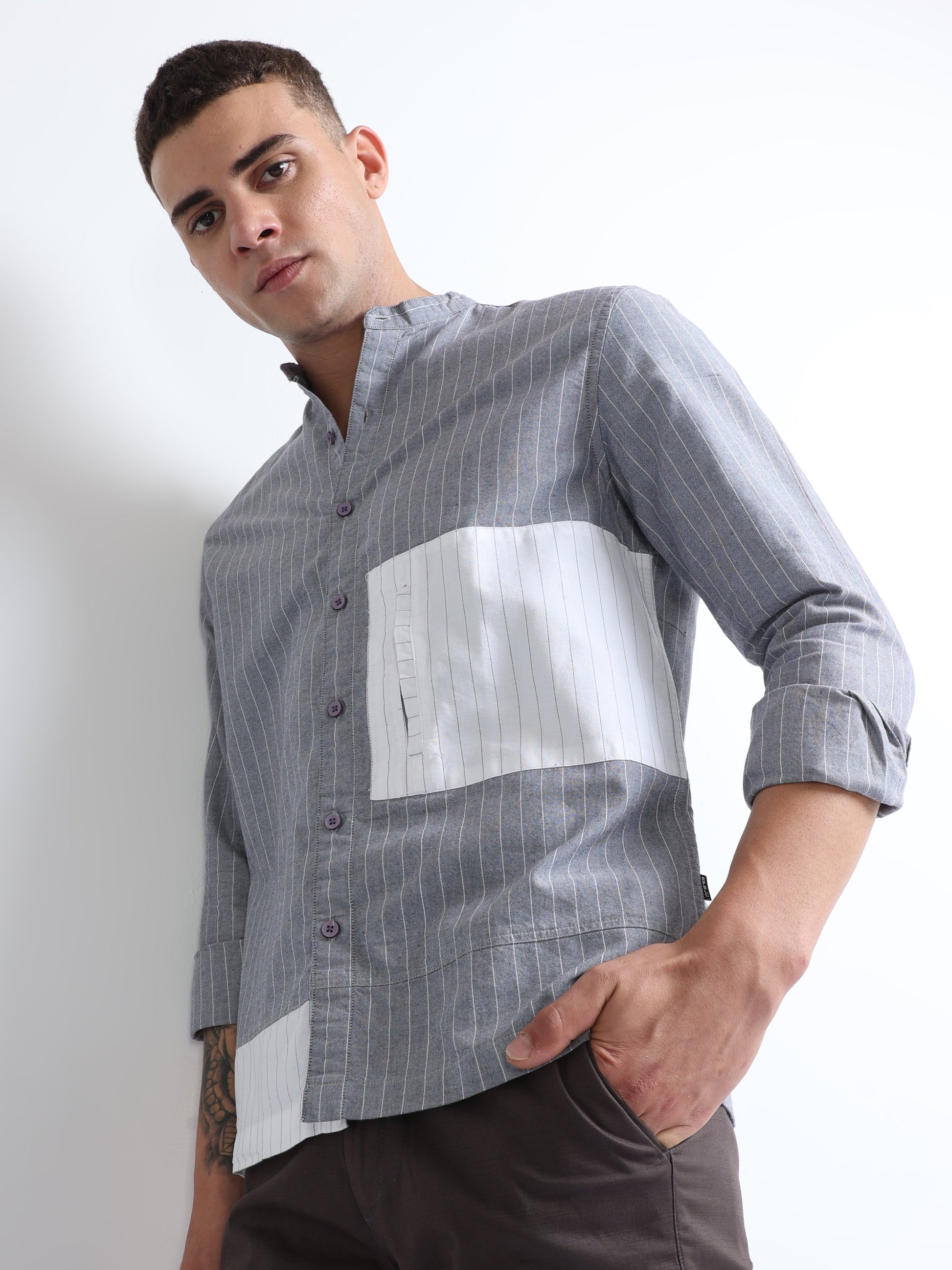 Buy Oxford Mixmatch Chinese Collar Stripe Shirt Online.