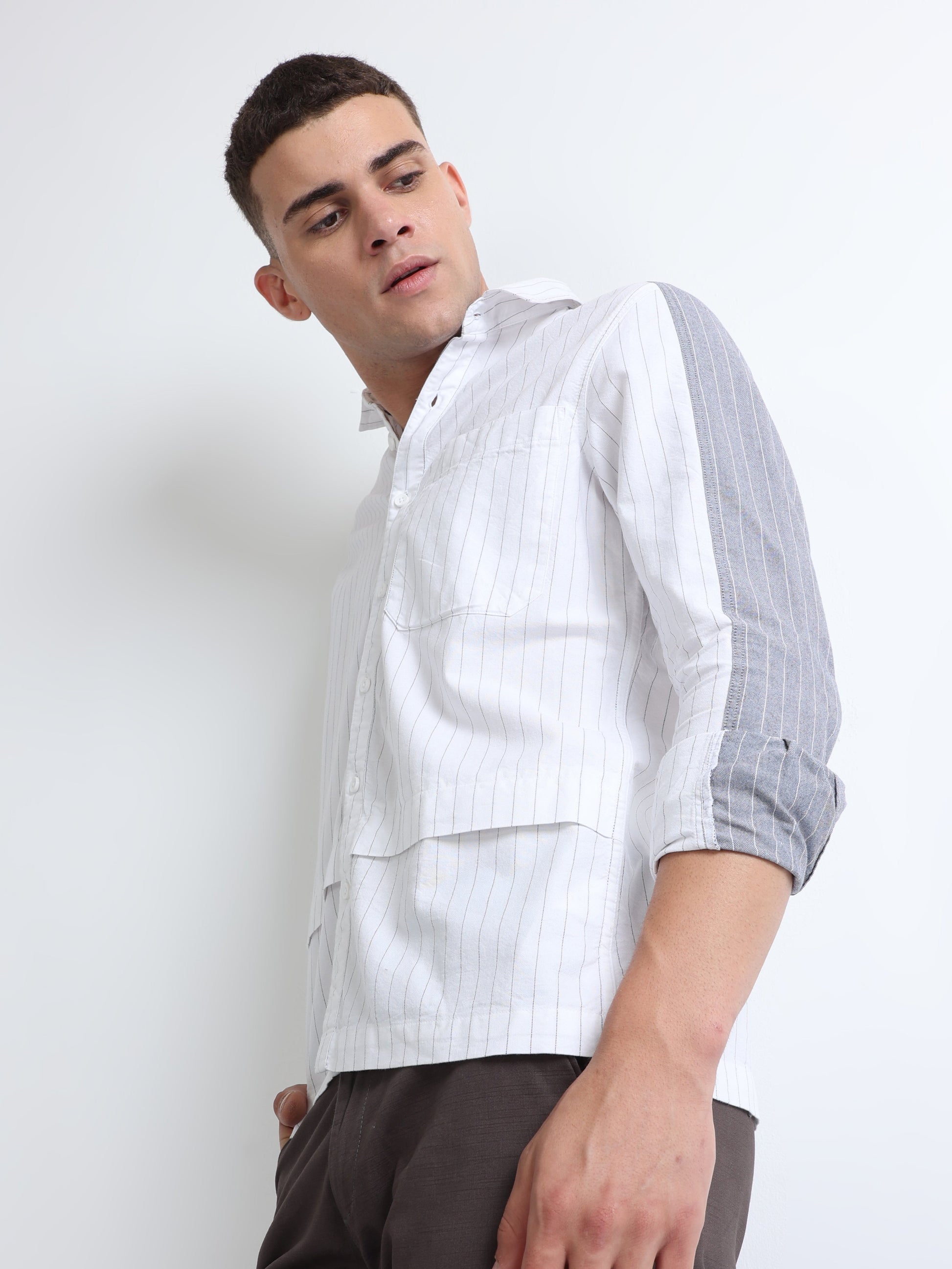 white panel style full sleeve striped men's shirt