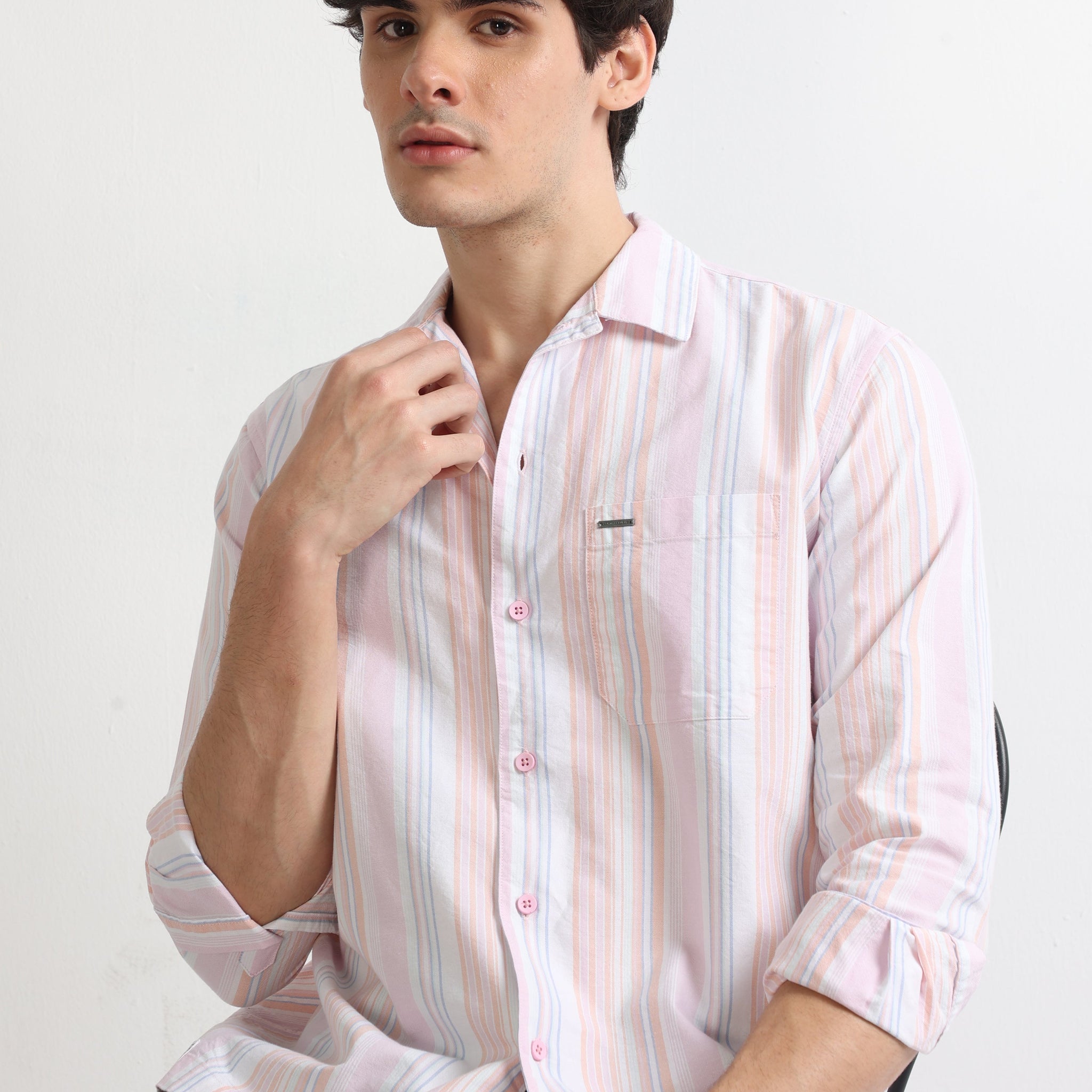 pink pastel full sleeve men's striped shirt-North Republic