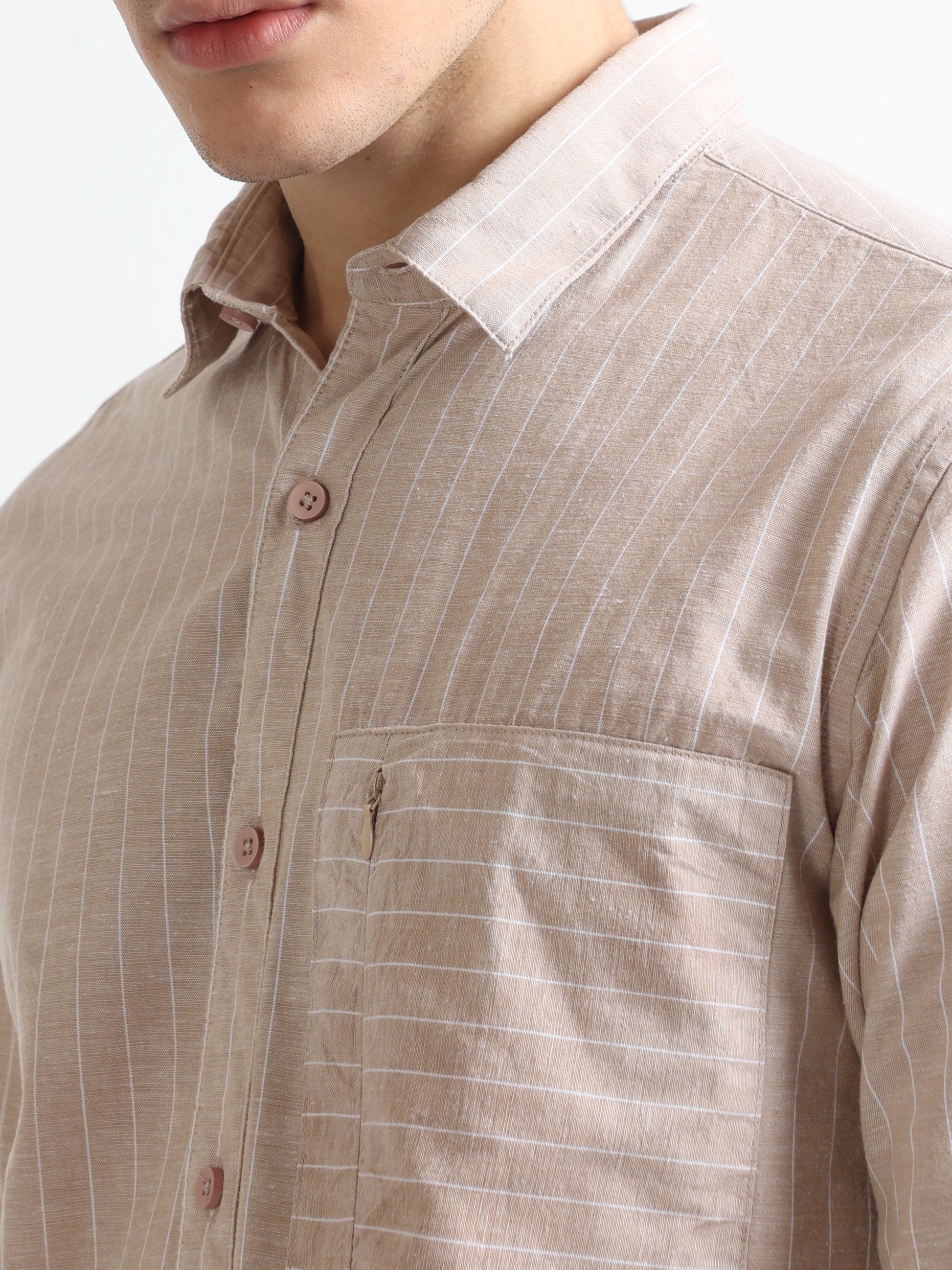 beige cotton zipper pocket men's striped shirt