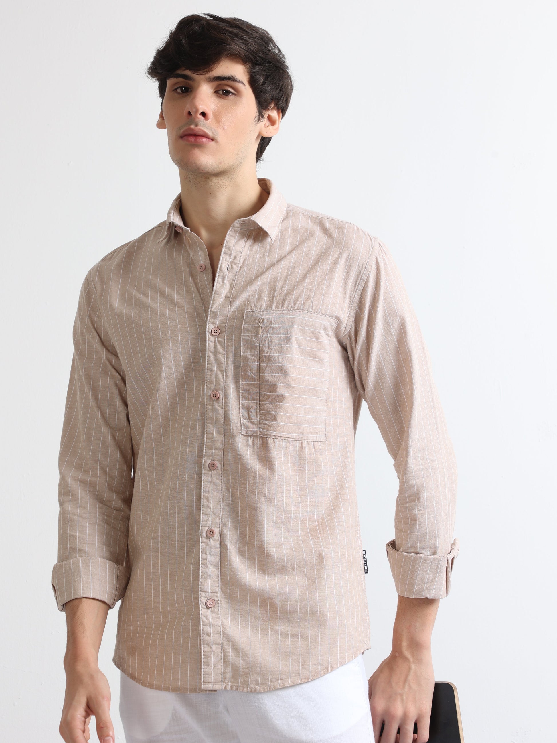 beige cotton zipper pocket men's striped shirt