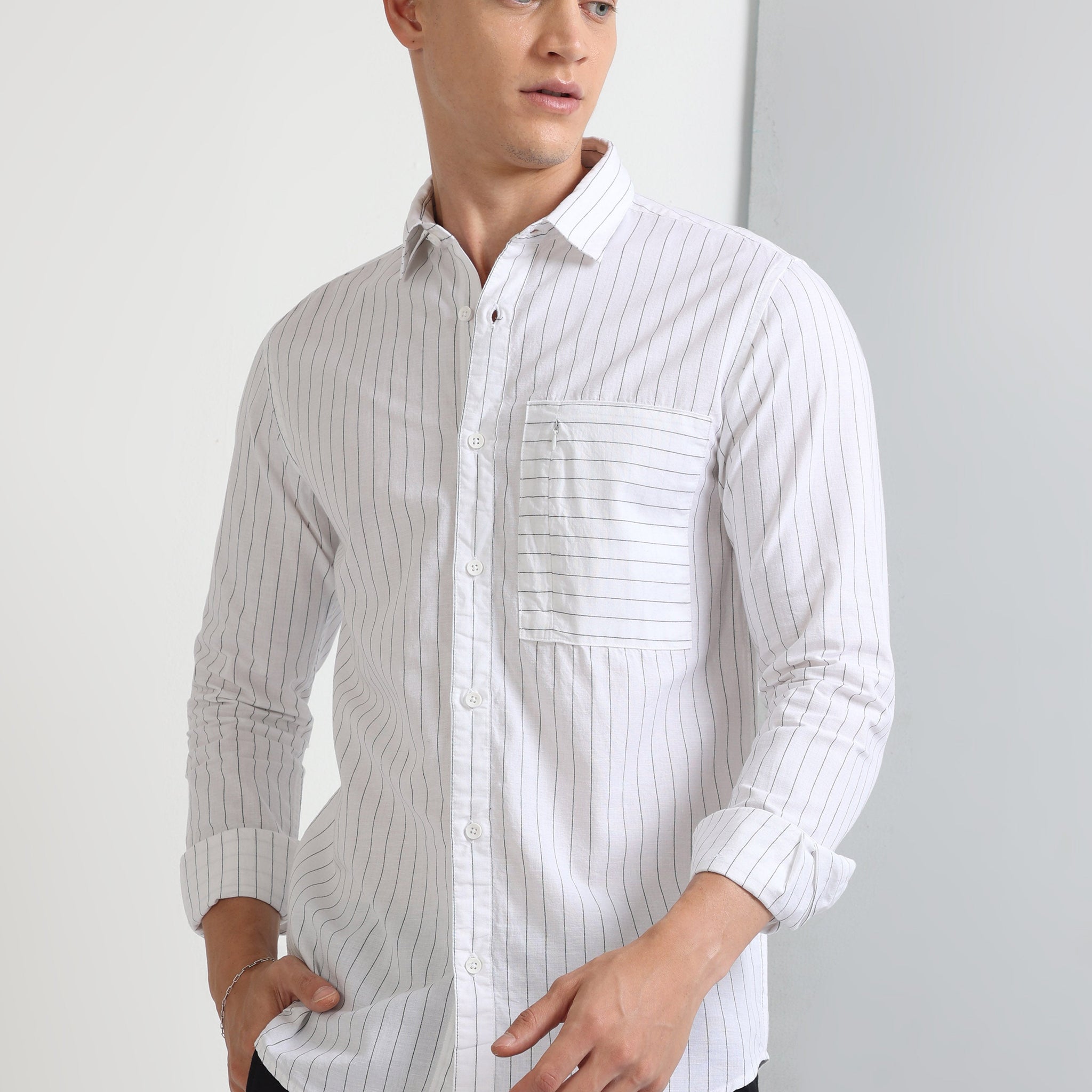 white zipper pocket cotton men's striped shirt