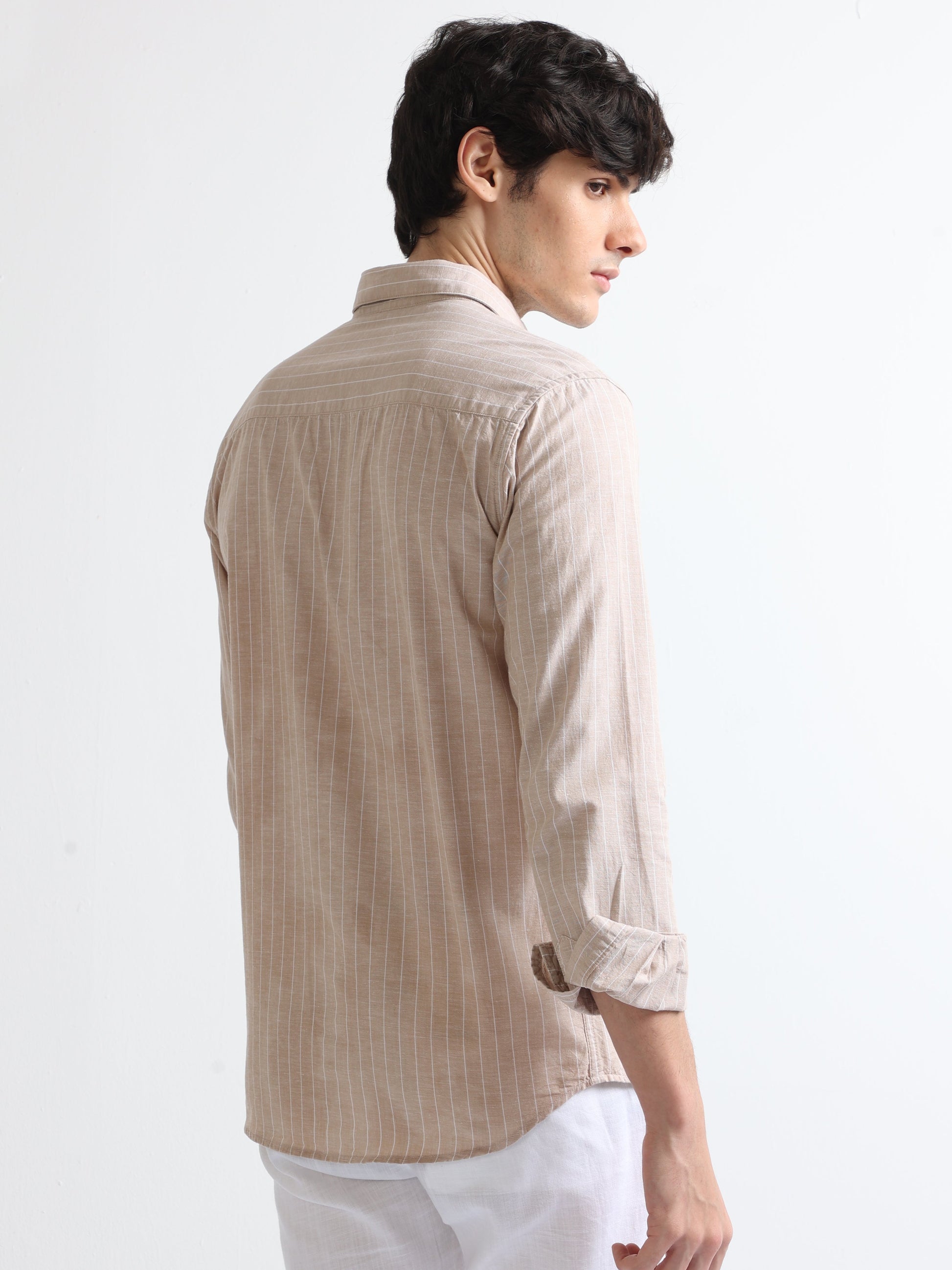 beige cotton zipper pocket men's striped shirt