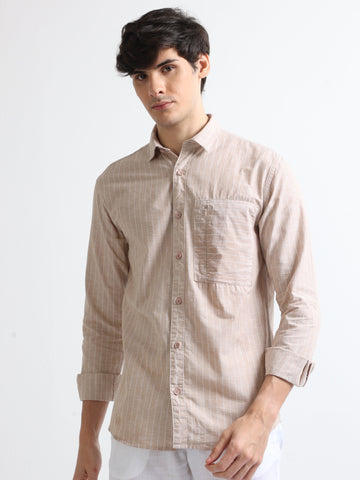 beige cotton zipper pocket men's striped shirt