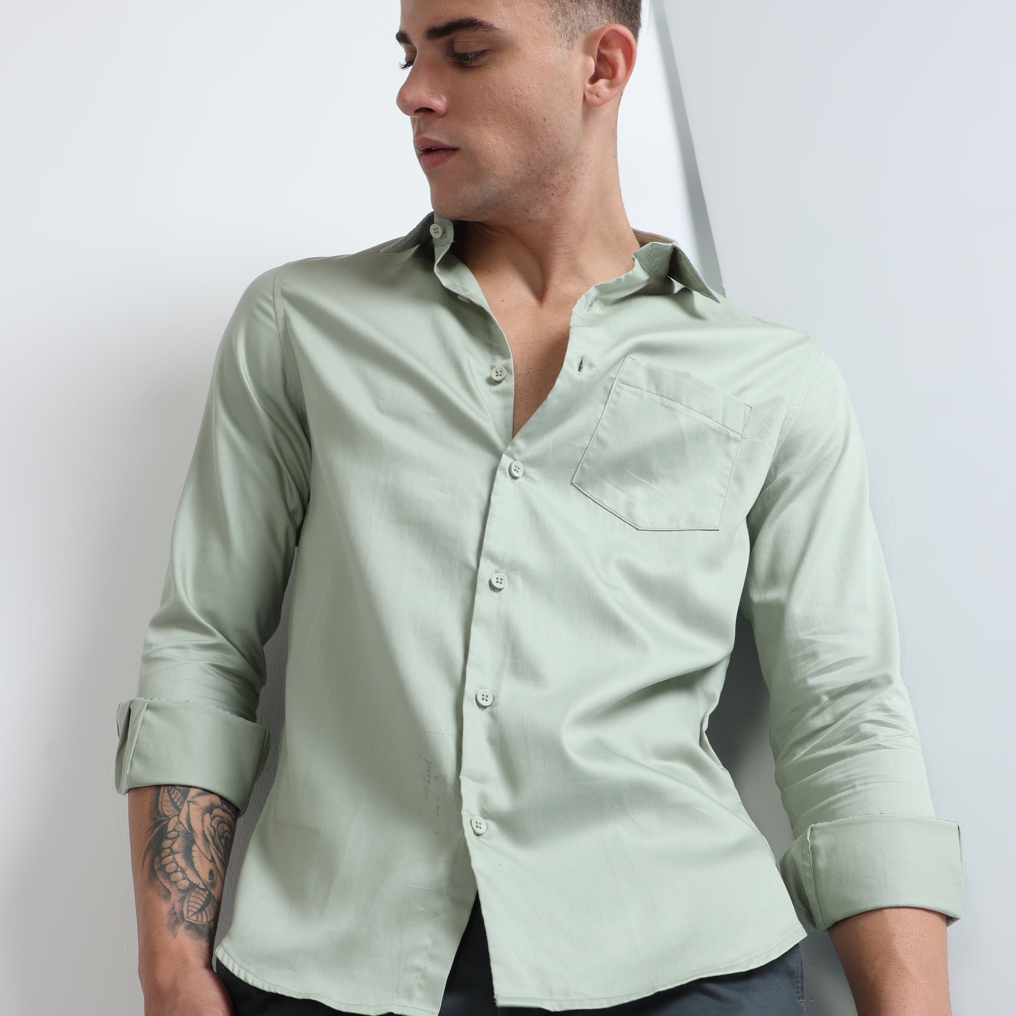 Olive Men's Premium Satin Stretch Plain Shirt