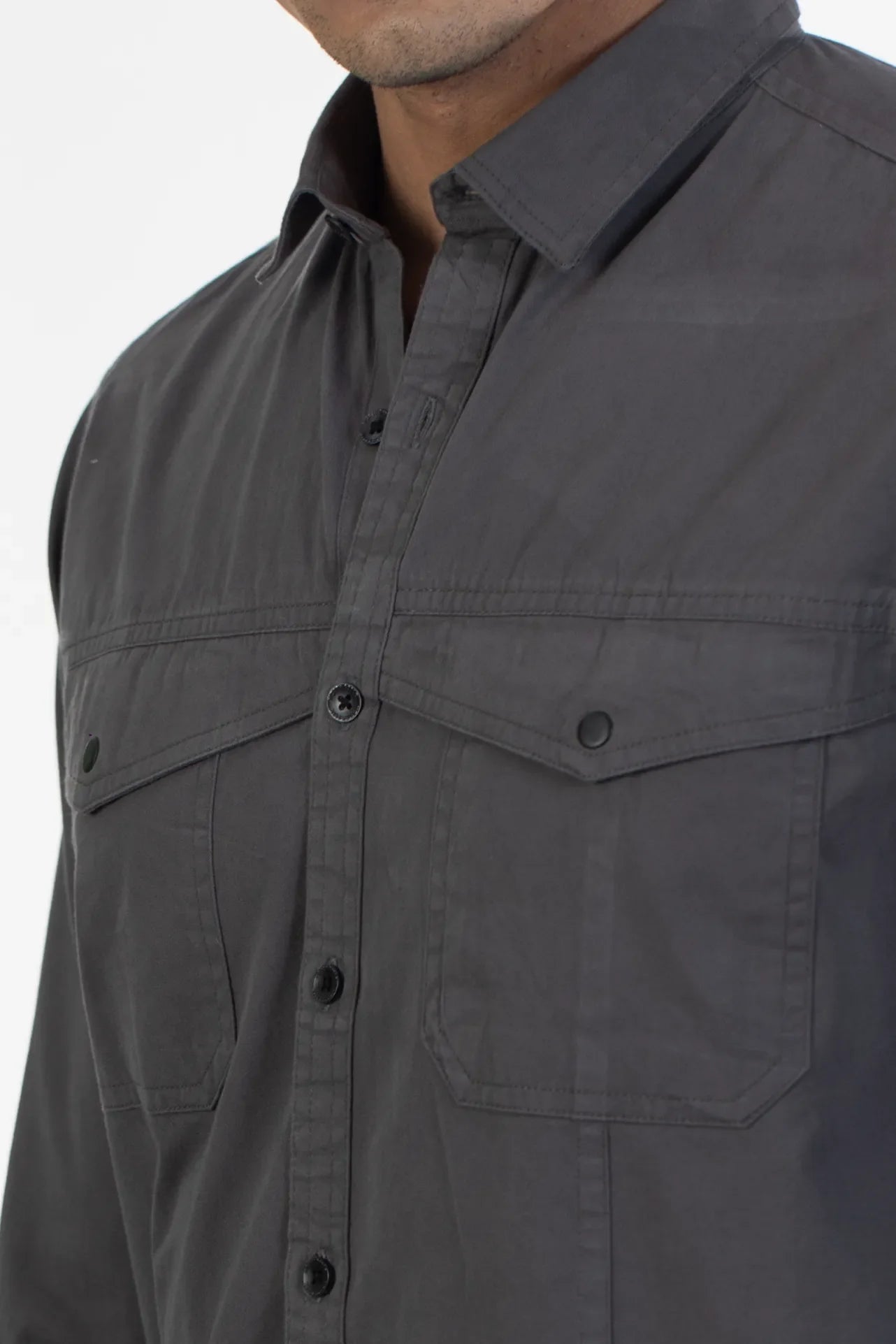 dark grey double pocket twill back printed shirt