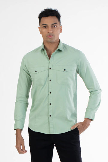 olive double pocket twill back printed shirt