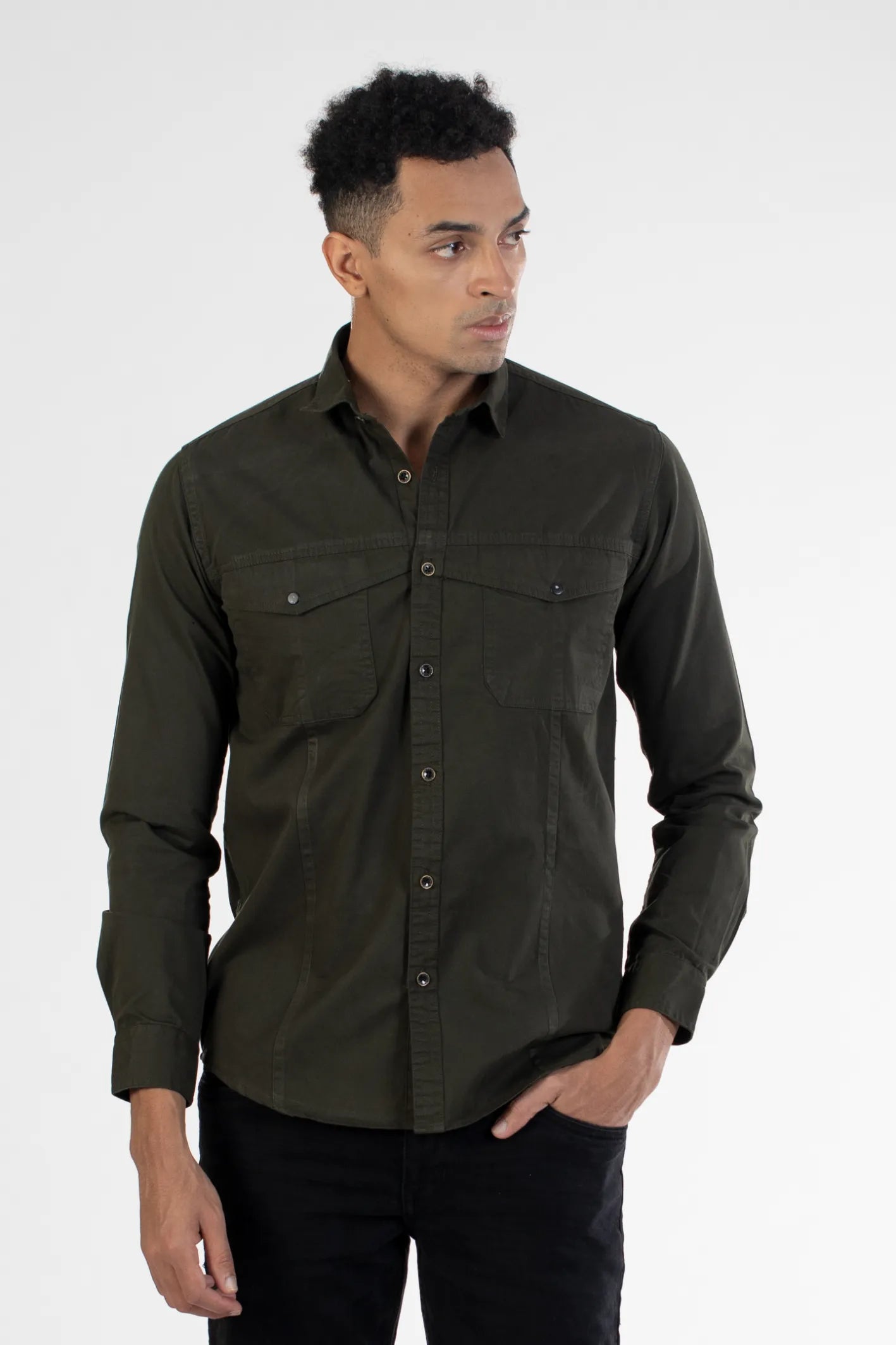 dark green double pocket printed back shirt