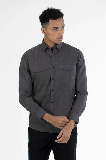 dark grey double pocket twill back printed shirt