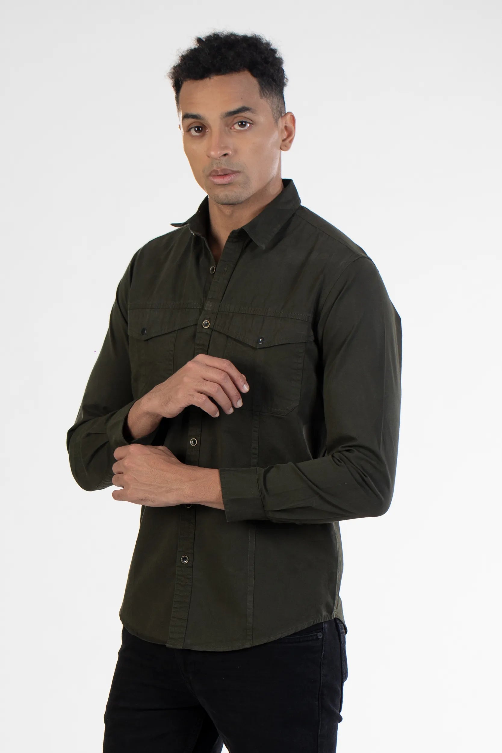 dark green double pocket printed back shirt