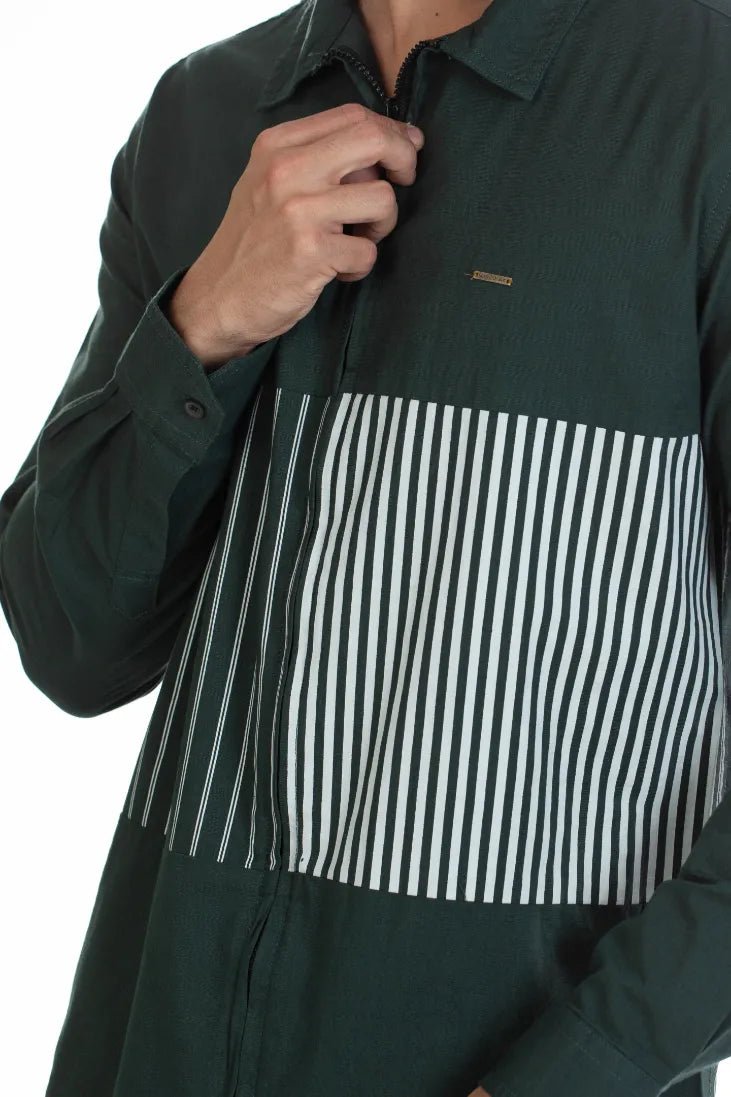 dark green zip-up printed line shirt