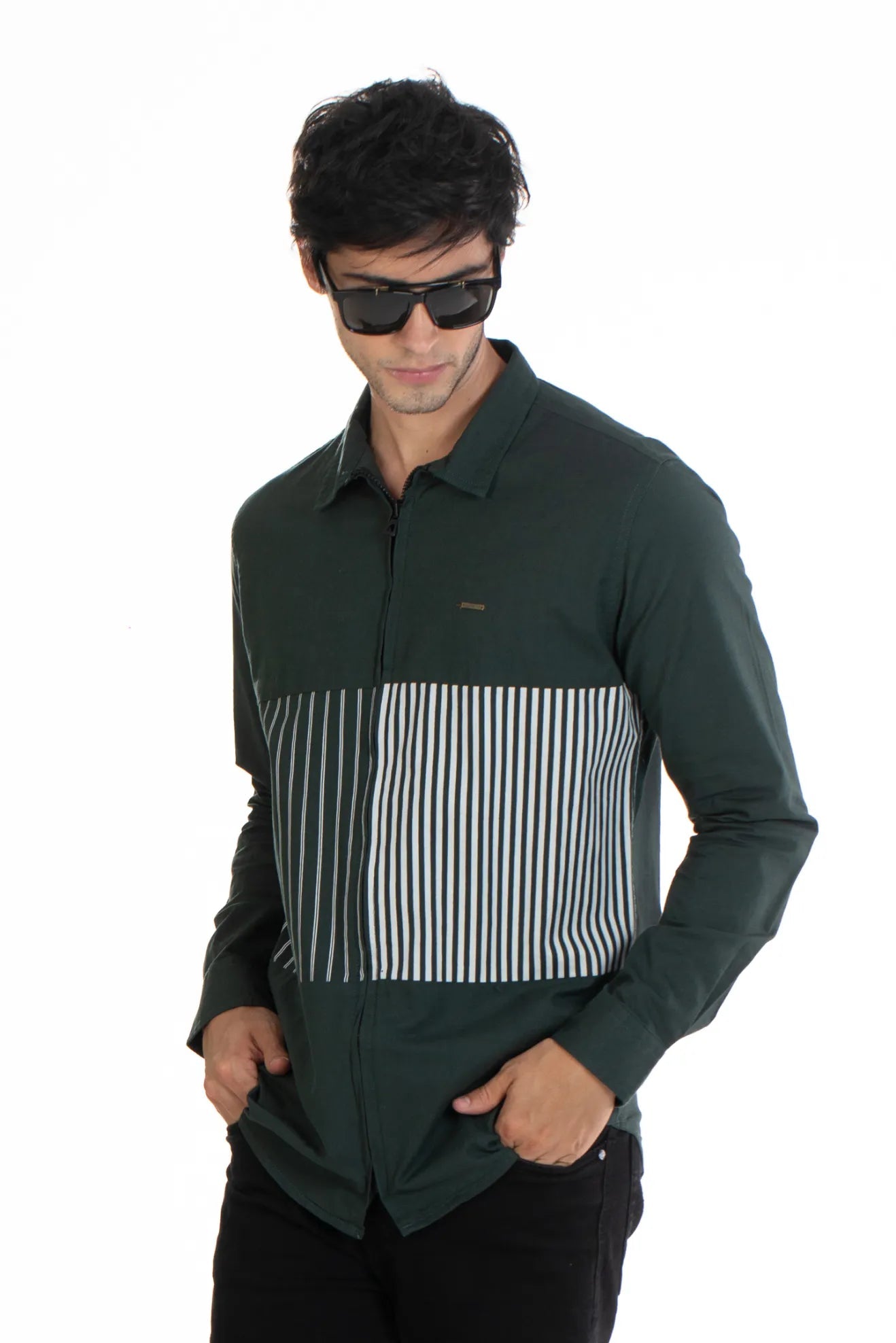 dark green zip-up printed line shirt