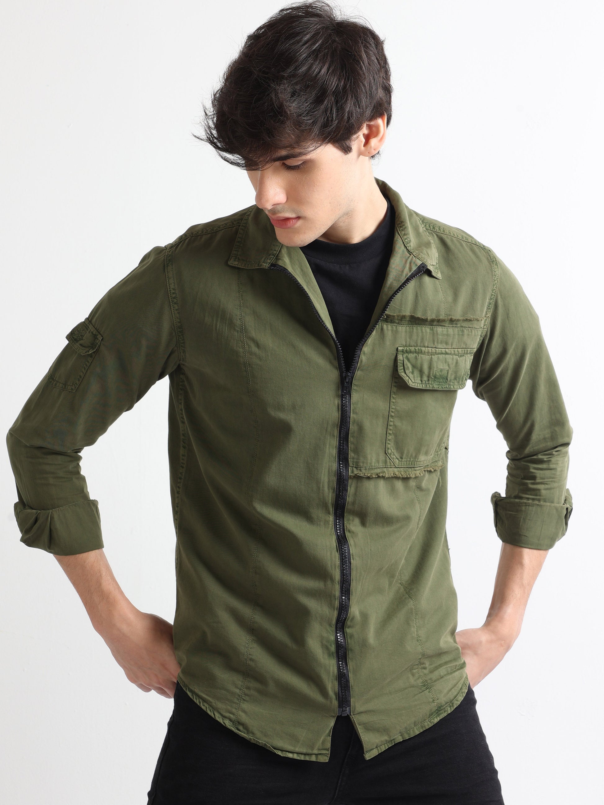 Olive Men's Pull Over Fashionable Plain Shirt