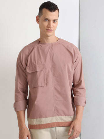 Brown Men's Raglan Crew Neck Flap Pocket Stylish Plain Shirt