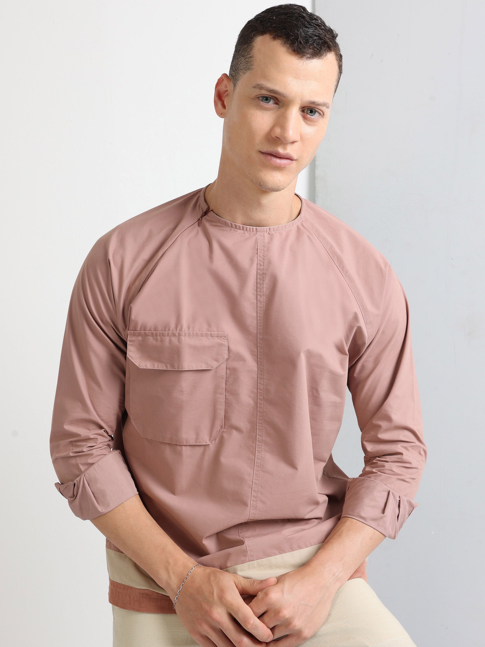 Buy Raglan Crew Neck Flap Pocket Stylish Shirt Online.