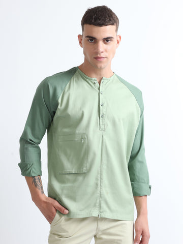 Light Green Men's Raglan Full Sleeves Panel Shirt