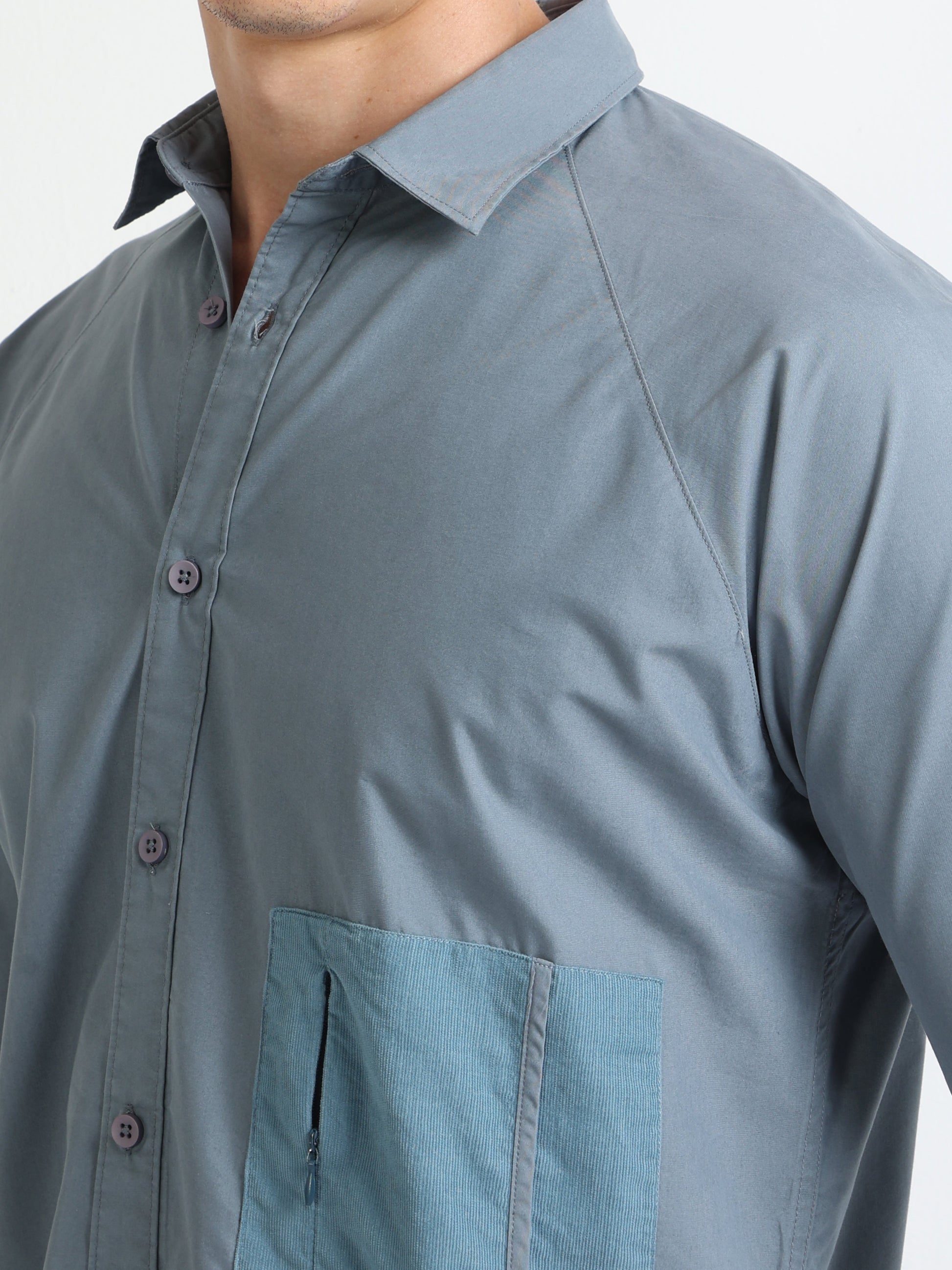 Grey Men's Raglan Full Sleeves Shirt With Stylish Pocket