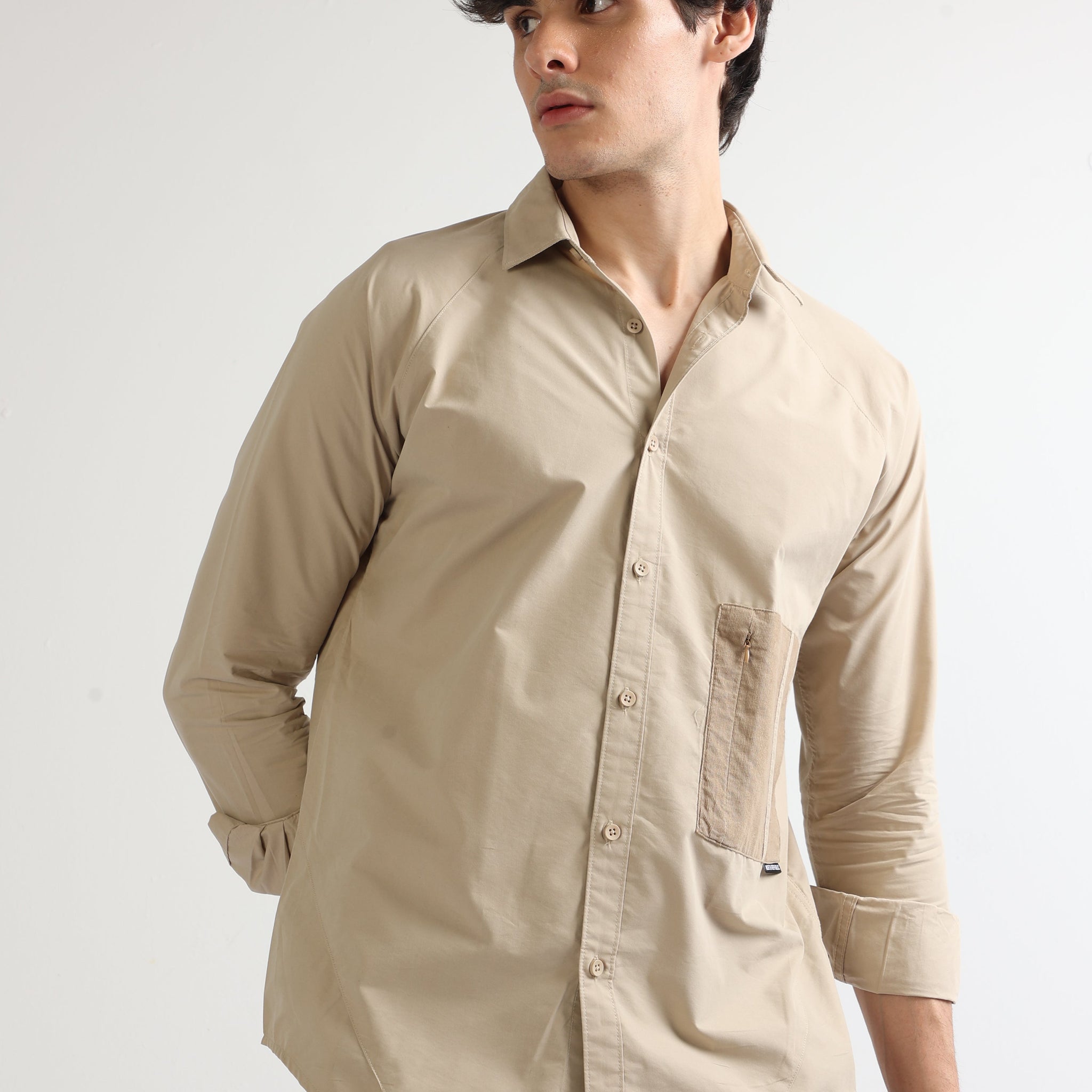 Beige Men's Raglan Full Sleeves Shirt With Stylish Pocket