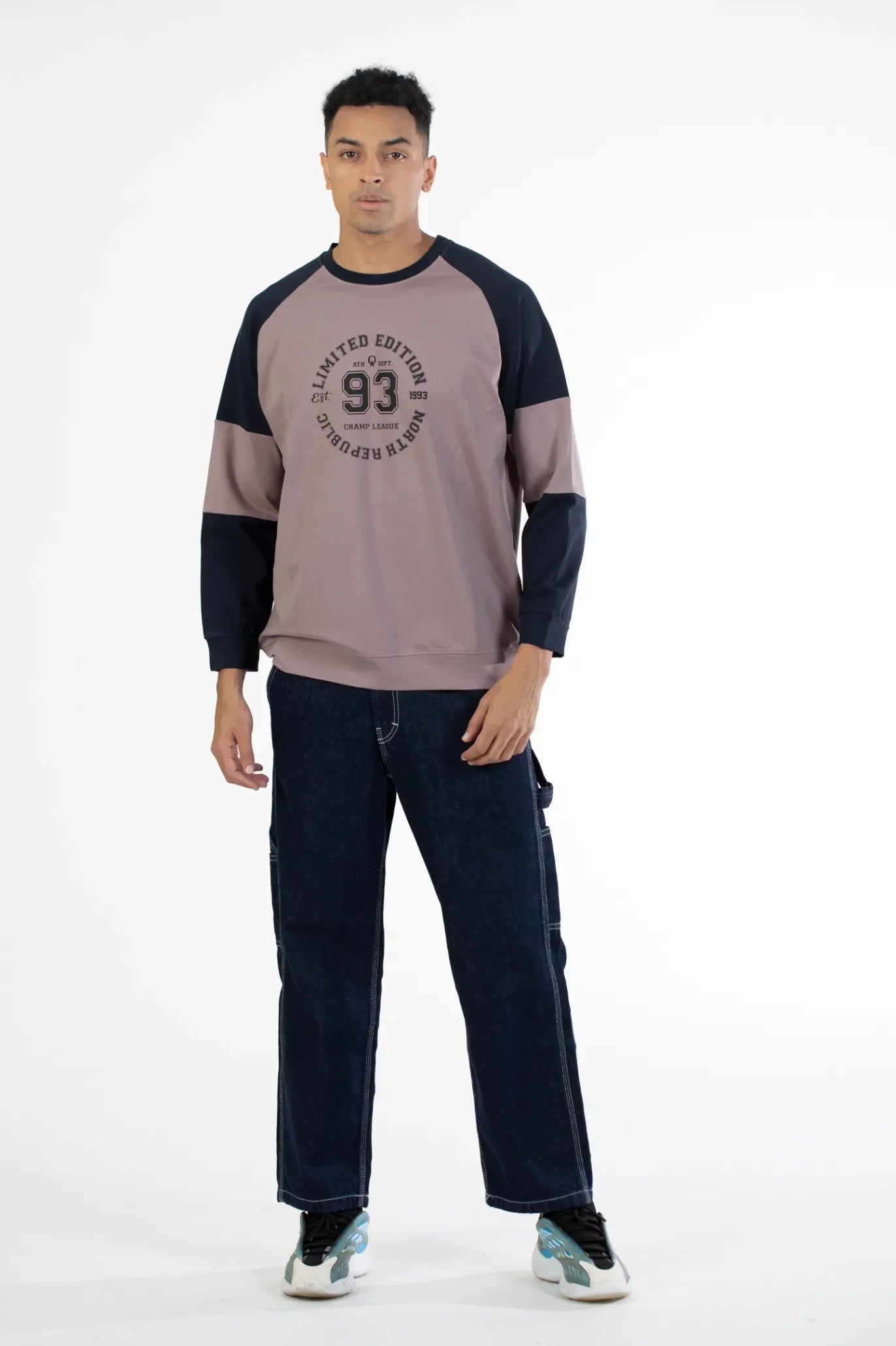 Beige-Navy Raglan Sleeve Graphic Printed Men's Sweatshirt