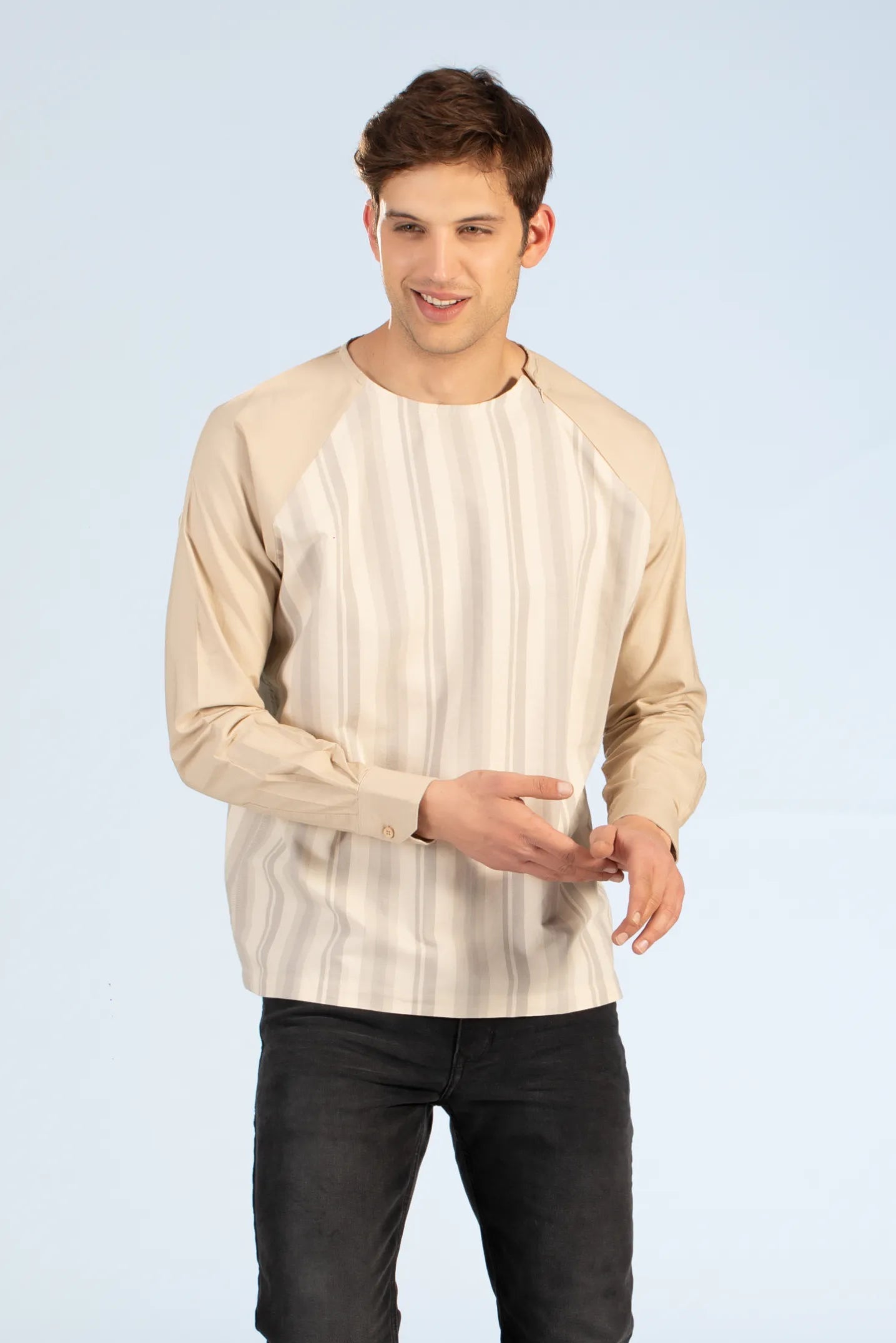 cream zipper raglan men's striped shirt