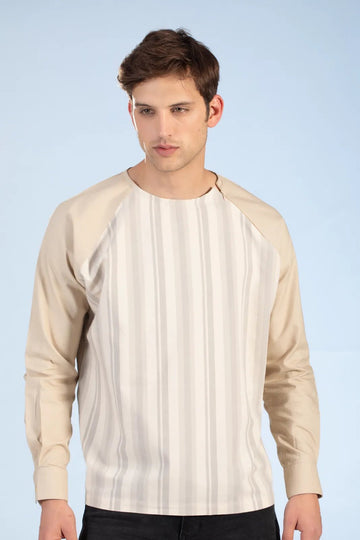 cream zipper raglan men's striped shirt