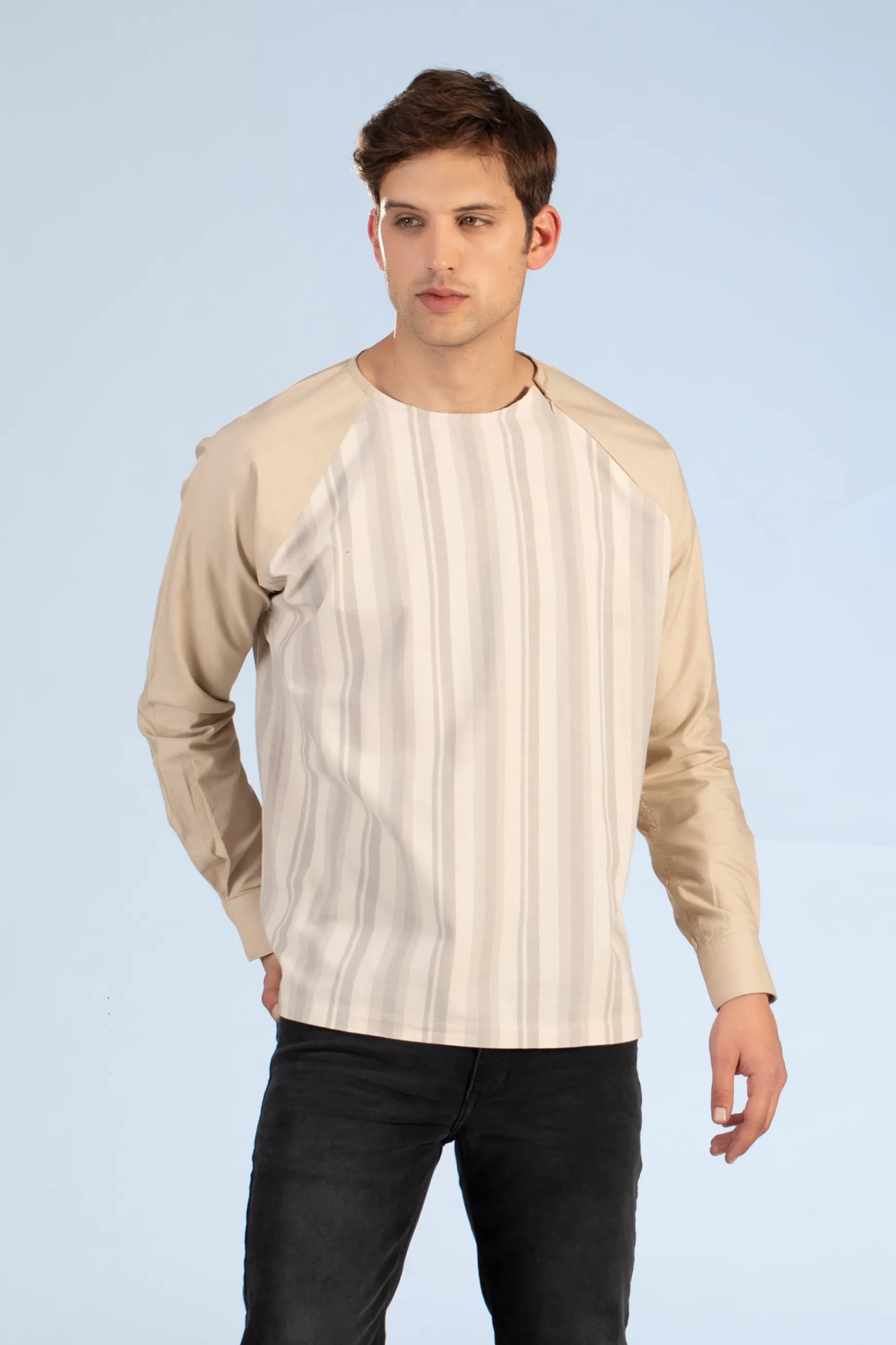 cream zipper raglan men's striped shirt