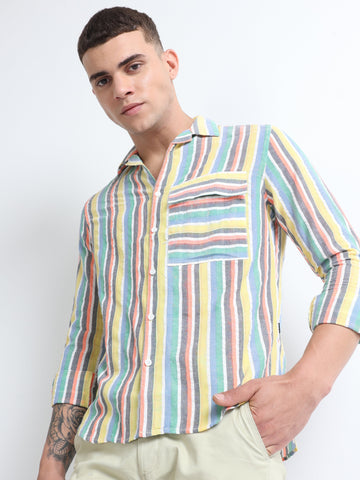 blue rainbow flap pocket men's striped shirt