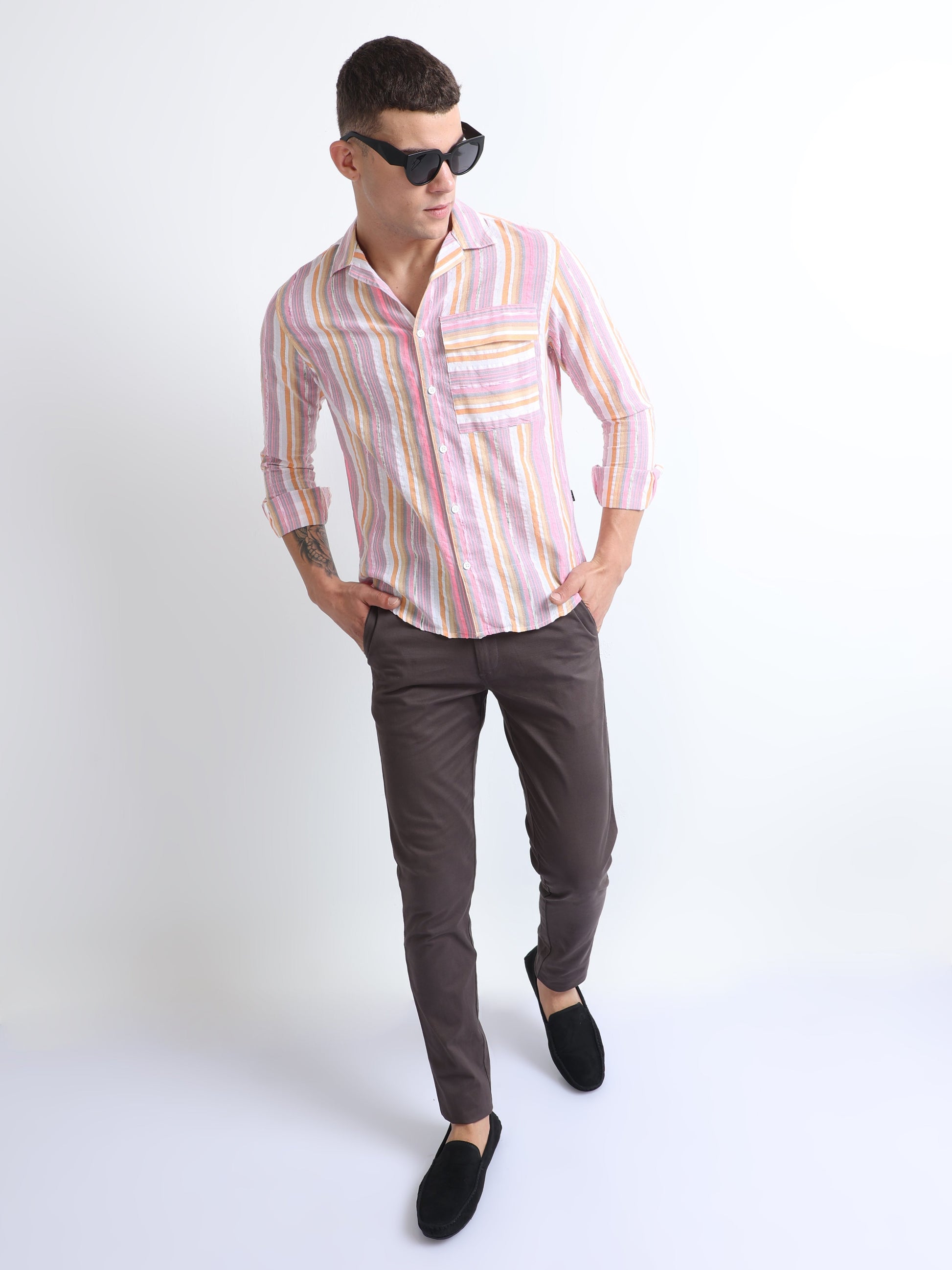 light orange rainbow flap pocket men's striped shirt