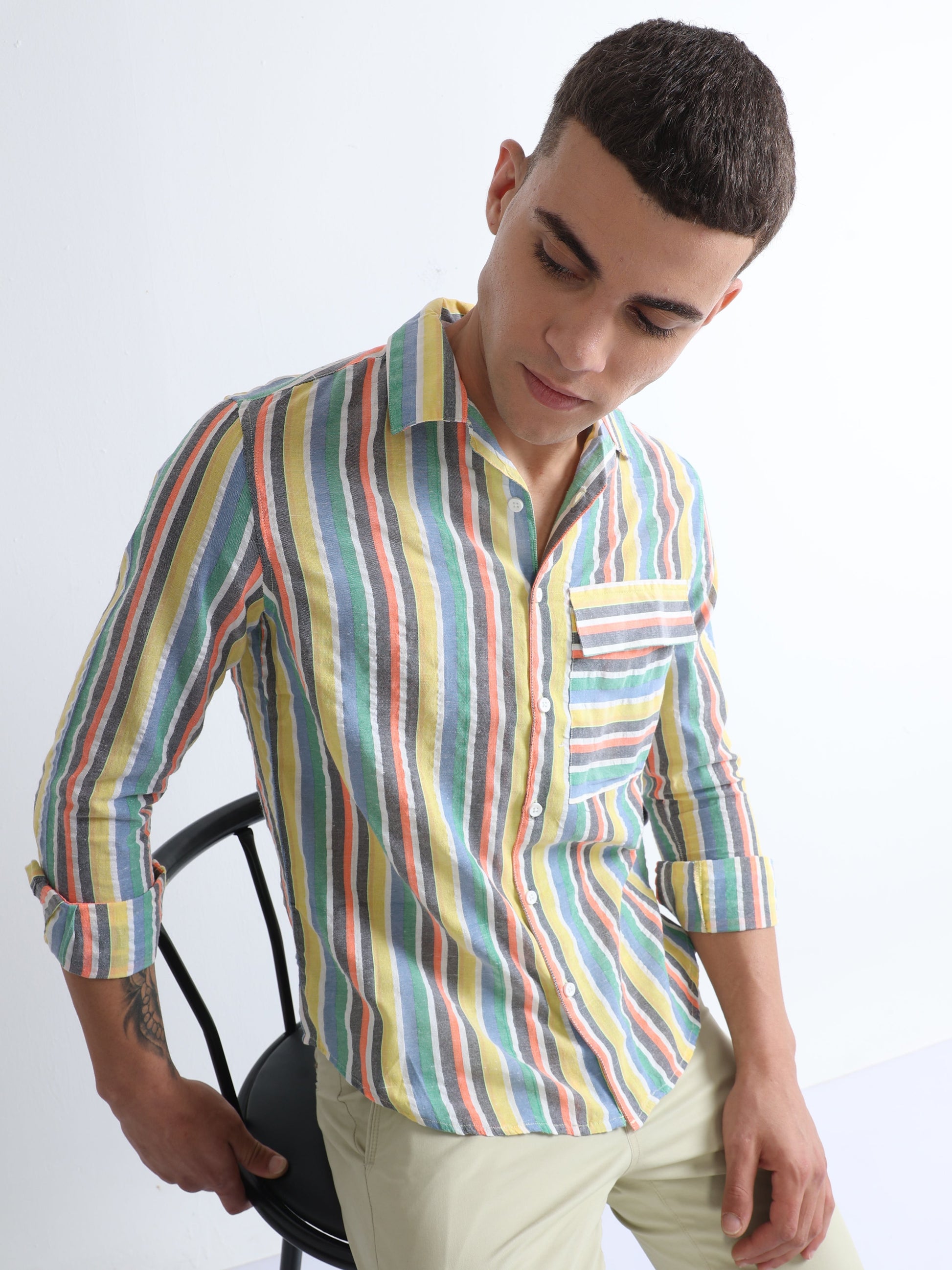 Buy Ranbow Stripe Flap Pocket Stylish Shirt Online.