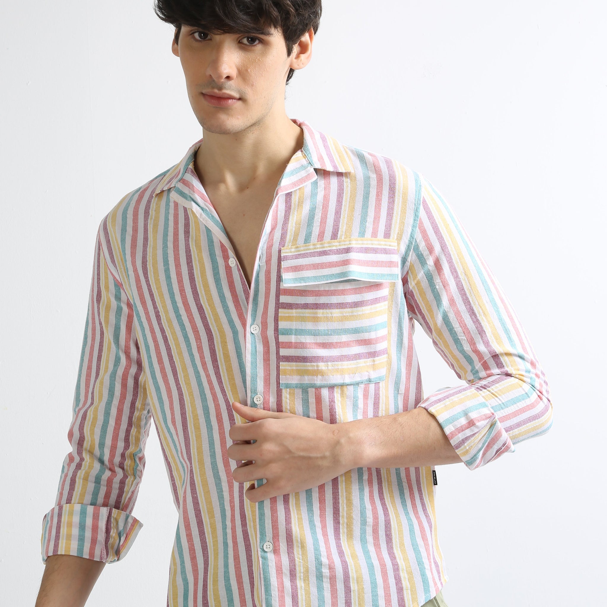 rainbow purple flap pocket men's striped shirt