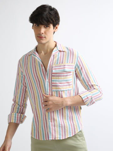 rainbow purple flap pocket men's striped shirt
