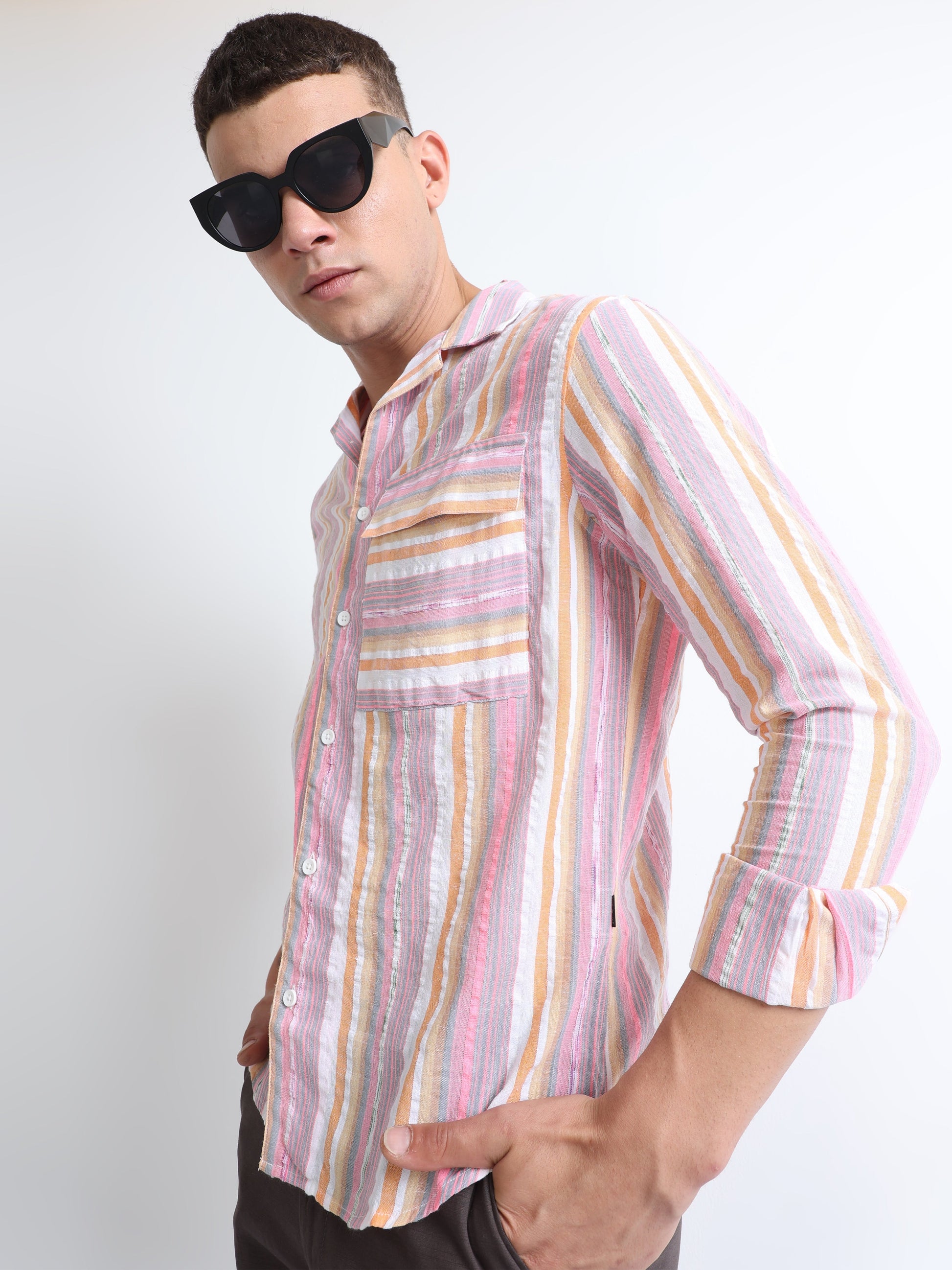 light orange rainbow flap pocket men's striped shirt