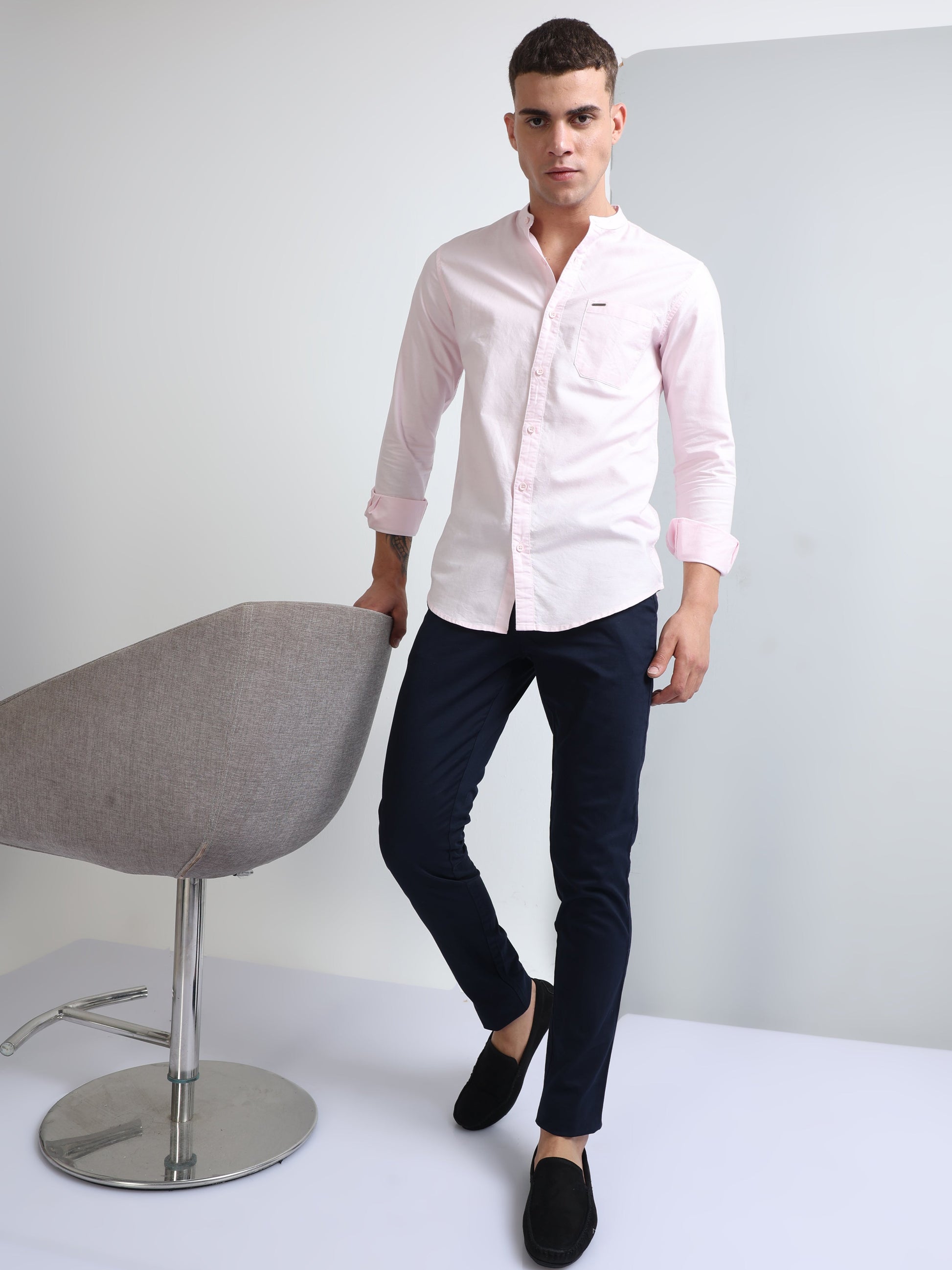 Buy Pink Men's Regular Wear Chinese Collar Plain Shirt Buy Pink Men's Regular Wear Chinese Collar Plain Shirt