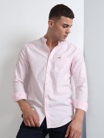 Pink Men's Regular Wear Chinese Collar Plain Shirt