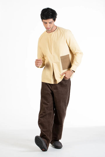Yellow Men's Round Neck Buttoned Shoulder Shirt