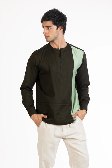 Olive Men's Round Neck Contrast Plain Shirt