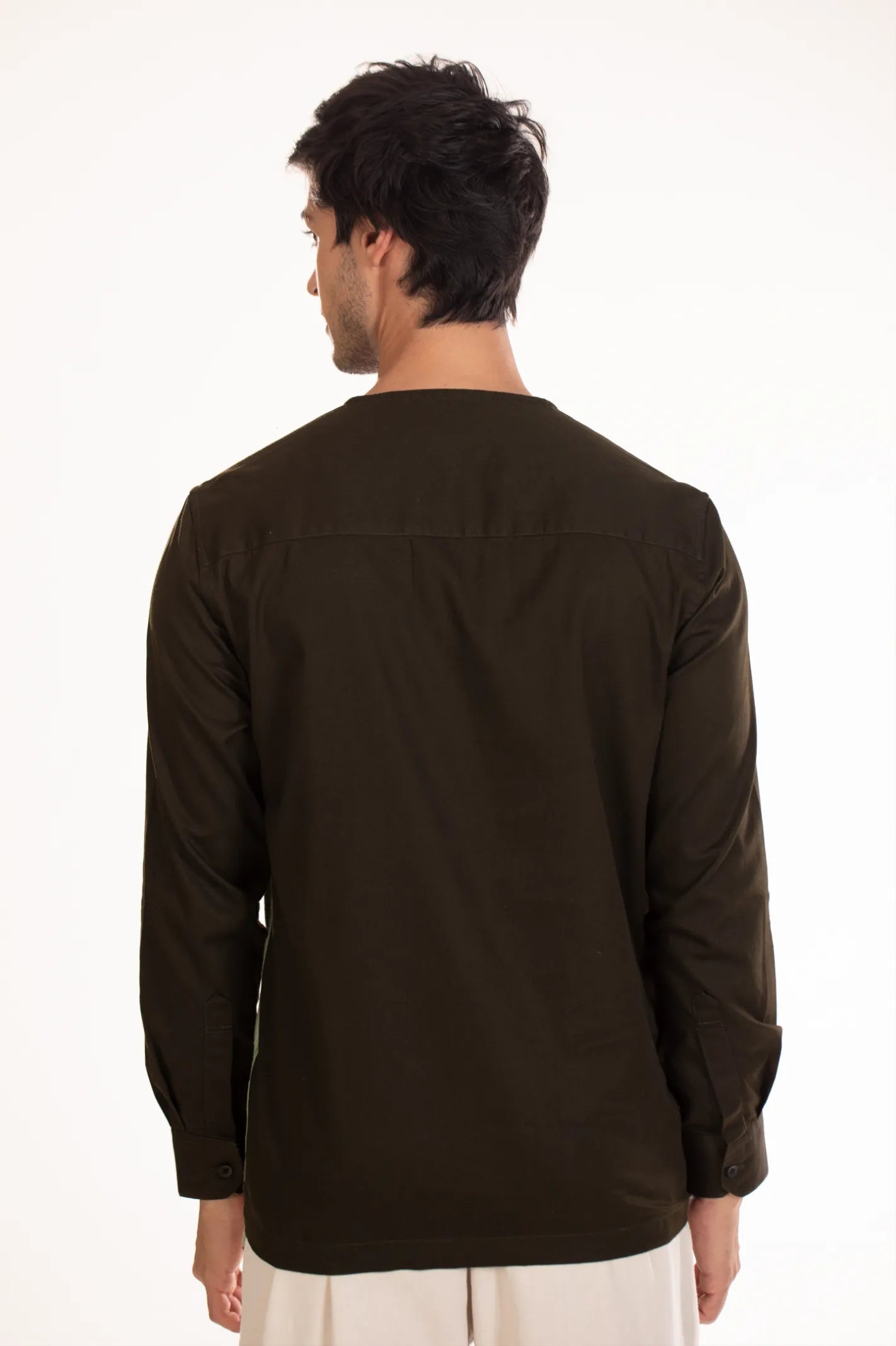 Olive Men's Round Neck Contrast Plain Shirt